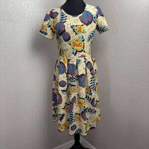 LuLaRoe Amelia Fit & Flare Dress Women's Large Bright Multicolored Floral Pocket